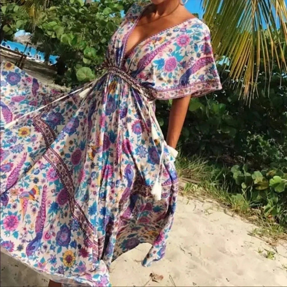 Boho Floral Maxi Dress — Drawstring Waist | Flowy Cotton Summer Dress - Picture 5 of 6